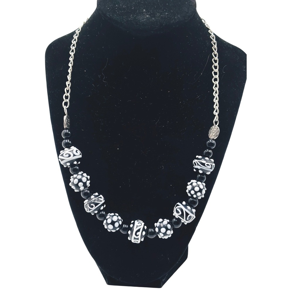 Black and White Lampwork Glass Bead Necklace Silver Tone Chain Adjustable 18"
